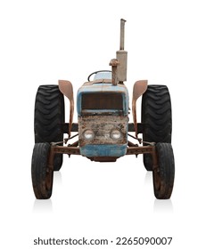 front view old and rust blue tractor on white background, object, construction, work, vintage, ancient, old, copy space