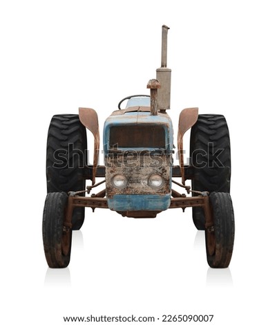 front view old and rust blue tractor on white background, object, construction, work, vintage, ancient, old, copy space