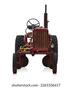 front view old and rust red tractor on white background, object, construction, work, vintage, ancient, old, copy space