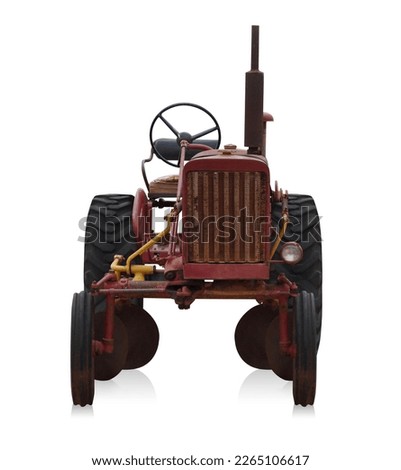 front view old and rust red tractor on white background, object, construction, work, vintage, ancient, old, copy space
