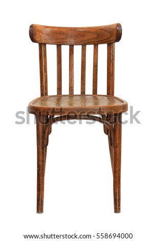 Front view of old wooden chair isolated on white