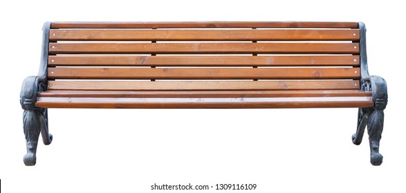 Front View On A Brown Wooden Bench With Black Metal Legs, Isolated On A White Background (design Element)