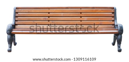 Front view on a brown wooden bench with black metal legs, isolated on a white background (design element)