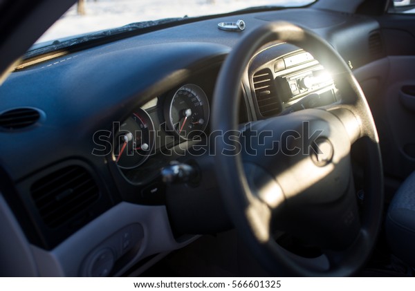 Front view\
on the car interior. View on the car\
helm