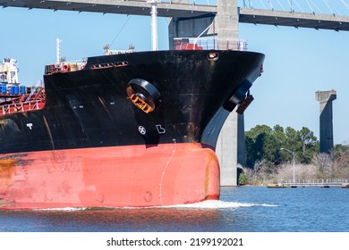 Front View On The Cargo Tanker Ship Departing From The Port Of Savannah.