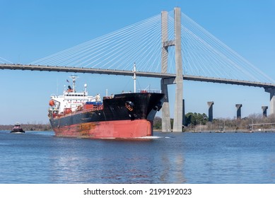 Front View On The Cargo Tanker Ship Departing From The Port Of Savannah.