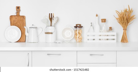 Front View On Kitchen Counter With Baking Utensils And Ingredients