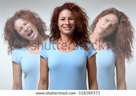 Front view on three versions of woman changing from moods of anger, joy and confusion