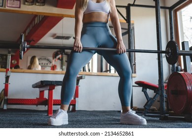 Front View One Unknown Woman Holding Barbell With Weight At Gym Doing Dead Lift Training Exercise Workout Concept Copy Space