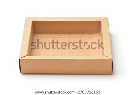 Front view of open brown square paper packaging tray isolated on white
