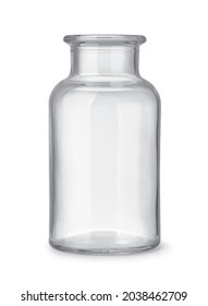 Front view of open empty glass wide neck medicine bottle  isolated on white