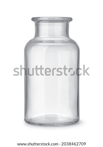 Front view of open empty glass wide neck medicine bottle  isolated on white