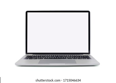 Front view of Open laptop computer. Modern thin edge slim design.  Blank white screen display for mockup and gray metal aluminum material body isolated on white background with clipping path.