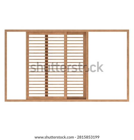 Front view of an open oak sliding window with a movable louver panel, smooth sliding mechanism, and natural wood finish for architectural visualization.