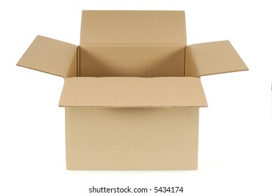 Front View Of An Open Plain Brown Blank Cardboard Box Isolated On A White Background.  Space For Copy.