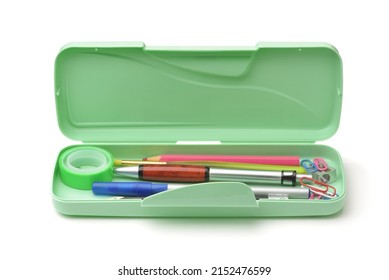 Front View Of Open Plastic Pencil Box With Different Supplies Isolated On White 