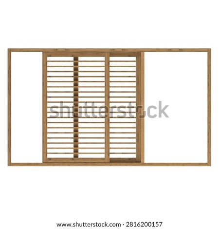 Front view of an open walnut sliding window with a movable louver panel, smooth sliding mechanism, and rich natural wood finish for architectural visualization.
