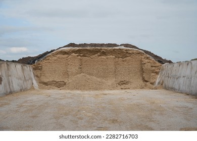 Front view of an opened maize silage pit with large concrete walls on both sides