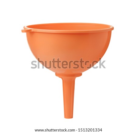 Front view of orange plastic funnel isolated on white