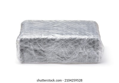 Front View Of Packaging Box Wrapped In Plastic Bubble Wrap Isolated On White