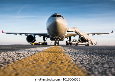 Vordere Sicht auf das Passagierflugzeug und Treppe am Flughafenvorfeld