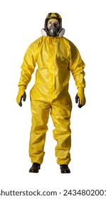 Front view of a person clad in a full yellow hazmat suit with safety goggles and mask
