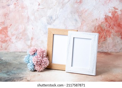 Front View Picture Frames With Flowers On A Light Background Gift Present Love Couple Feeling Valentines Day Color Marriage