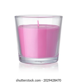Front view of pink scented candle in glass holder isolated on white
