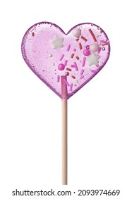 Front view of pink transparent heart shaped lollipop with sprinkles isolated on a white