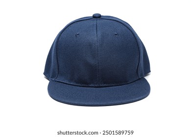 front view of plain, empty, blank snapback cap. Navy blue coloured hat. isolated in white background.