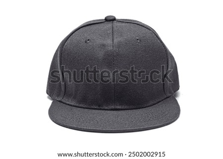 front view of plain, empty, blank snapback cap. black coloured hat. isolated in white background.