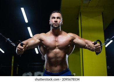 Front View Portrait Of A Bodybuilder Working On His Chest Muscles With Cable Crossover In A Gym