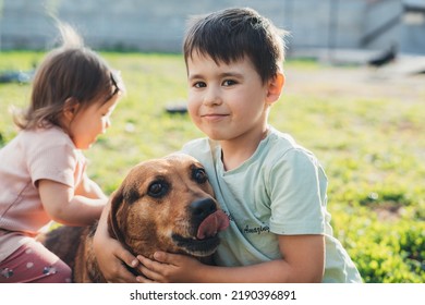 Front View Portrait Of Two Kids Playing With Pet Dog At The Yard. Happy Family, Childhood.