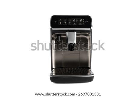 Front view of a premium automatic coffee machine with digital touch panel. The sleek chrome and black design gives it a sophisticated, modern appearance.