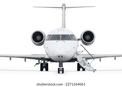 Front view of the private jet with an opened gangway isolated on white background