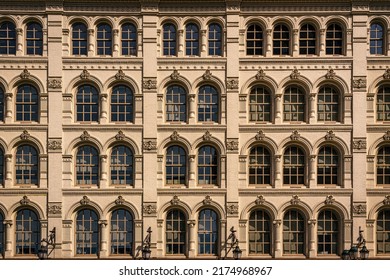 Front View Of Public Housing Apartments Or Office Around Philadelphia City Hall, USA, Grid Pattern, Building Industry And Travel Concept