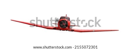 Front view of red aerobatic sports aircraft with piston engine with rotating propeller. Isolated on white background 