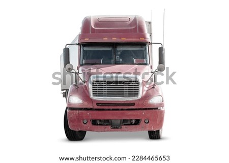 Front view of the red long-distance bonnet truck with a semitrailer isolated on white background