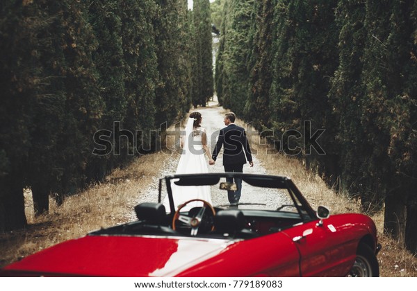 Front view of red oldfashioned convertible car\
on foreground and back view of walking on narrow path bride and\
groom holding together hands. beautiful couple in love. Concept of\
love and marriage.