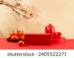 Front view of a red podium placed in the center of the frame, a tea set and a plate of tangerines on the table. Scene for advertising cakes and candy on Tet holiday.