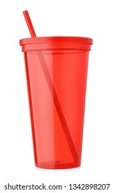 Front View Of Red Reusable Plastic Cup With  Lid And Straw Isolated On White