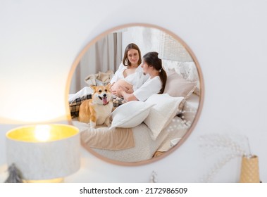 Front view of reflection in circled mirror of happy young family, man touching abdomen of pregnant woman and feeling movement of baby inside while lying on cozy bed with funny corgi