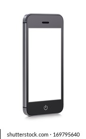 Front View Of A Rotated At A Slight Angle Black Modern Mobile Smart Phone With Blank Screen Isolated On White Background. High Quality.