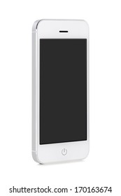 Front View Of A Rotated At A Slight Angle White Modern Mobile Smart Phone With Blank Black Screen Isolated On White Background. High Quality.