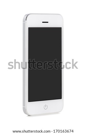 Front view of a rotated at a slight angle white modern mobile smart phone with blank black screen isolated on white background. High quality.