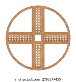 Front view of round oak window in closed position. Circular frame with woven decorative accents creates a timeless refined appearance.
