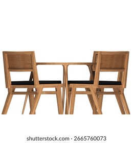 Front view of round table crafted from oak wood, with a diameter of 52 cm. Four matching chairs featuring black cushioned seats and woven cane backrests are positioned around the table.