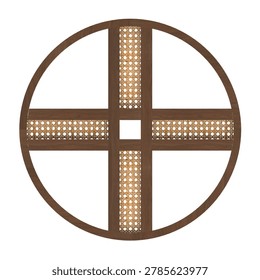 Front view of round walnut window in closed position. Circular frame with woven decorative accents and deep walnut tone creates a refined appearance.