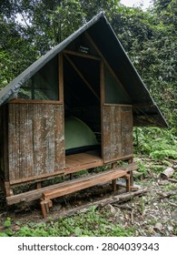 Front view of a rustic elevated wooden jungle cabin with a galvanised metal pitched roof, nestled deep within dense lush tropical rainforest.