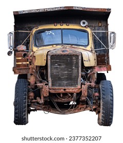 Front View Of A Rusty Old Damaged Dump Truck, Isolated On A White Background